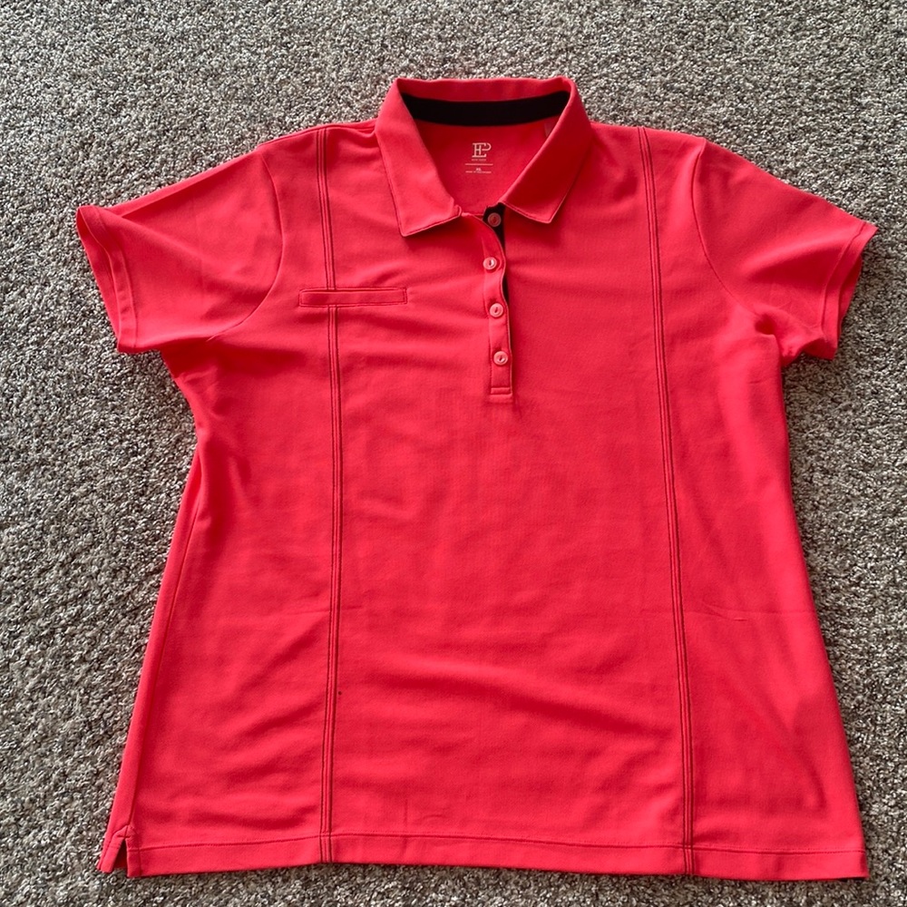 Women’s orange crystal downs polo hundred percent polyester like new $10